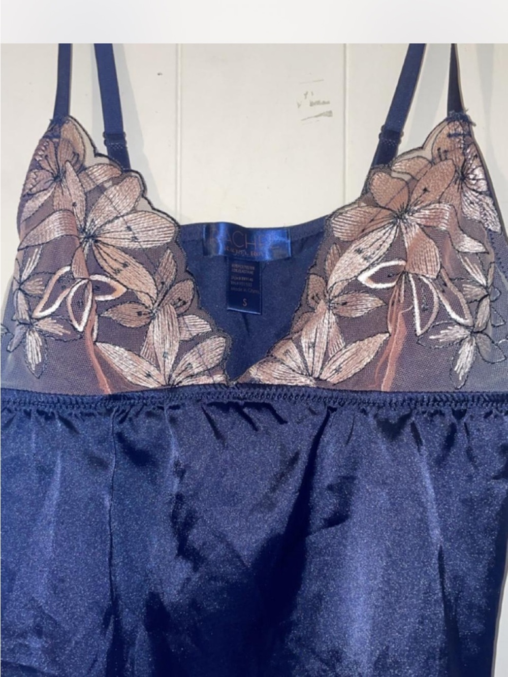 RACHEL Rachel Roy Navy Satin Chemise with Blush Floral Lace
